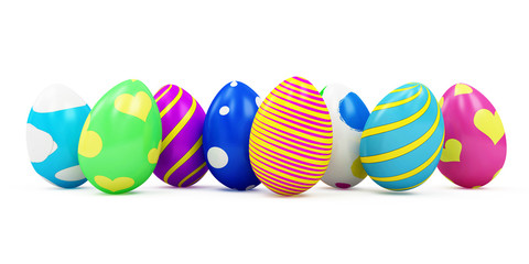 Group of Different Painted Easter Eggs isolated on white background. 3D Rendering