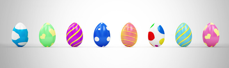 Set of Different Painted Easter Eggs on gradient background. 3D Rendering