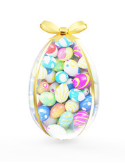 Big Glass Easter Egg with Golden Ribbon and Bow with Heap of Painted Easter Eggs Inside isolated on white background. 3D Rendering