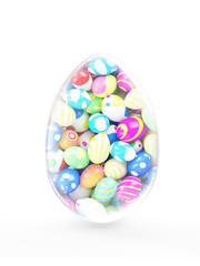 Glass Big Easter Egg with heap of painted easter eggs inside isolated on white background. Happy Easter Concept. 3D Rendering