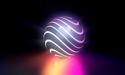 Neon Illuminated Glowing Sphere with Pattern on black reflective background
