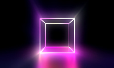 Neon Cube with Illuminated Glowing Rays on black reflective background