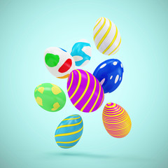 Heap of Painted Easter Eggs on turquoise background. 3D Rendering