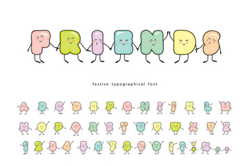 Cartoon emoticons font. Funny friendly characters. Cute alphabet. Colorful letters and numbers isolated on white. For birthday, baby shower, T-shirt design. Vector