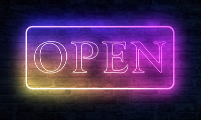 Obraz premium Neon Open Sign with illumination on a brick wall. 3D Rendering