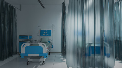 Empty Medical Beds Inside a Partially Illuminated Medical Room Separated with Curtains 3D Rendering