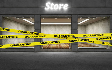 Empty Store with empty shelves Closed on Quarantine with Big Windows at Night. 3D Rendering