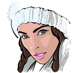 Beautiful brunette girl with white knitted hat. 