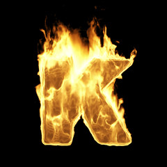 Burning Flame Alphabet. Fire Letters isolated on black background (Letter K). 3D Rendering