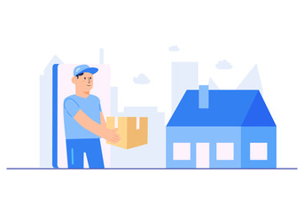 Delivery Service Concept Delivery Guy and House Flat Design Style Vector Illustration