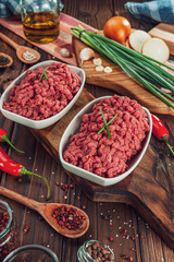 Raw ground beef with ingredients