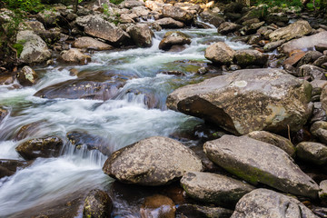 Naklejka na ściany i meble Mountain Stream Rushing Over Granite Boulders in The Chimneys Area, Great Smoky Mountins National Park, Tennessee, USA