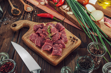Cutted raw beef rump tail with ingredients