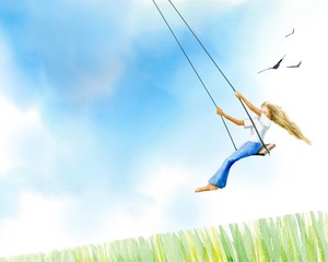 Girl on swing with blue clear sky, birds and green grass on background