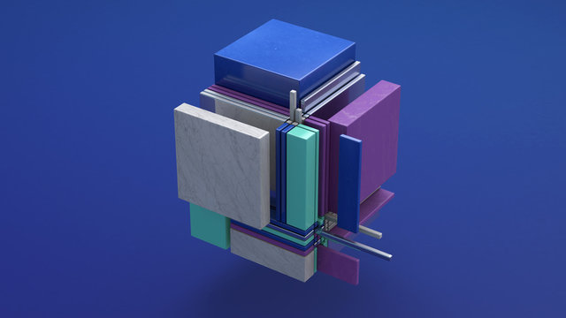 Broken cube. Marble, metallic, plastic rectangles. Abstract illustration, 3d rendering.