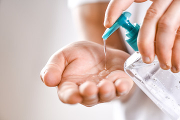 Sanitizer alcohol gel in hands rub clean hand hygiene prevention of coronavirus virus. - obrazy, fototapety, plakaty