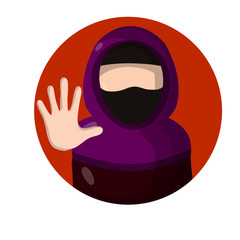 Arab woman and forbidding palm gesture. Sign to stop. Social flat Sign icon for app. Women's right. Islamic Girl in hijab. Extended arm.