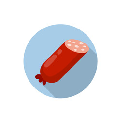 Sausages. Meat food. Icon for the app in a blue circle. Red nutrient object. Sliced half of bologna for a sandwich