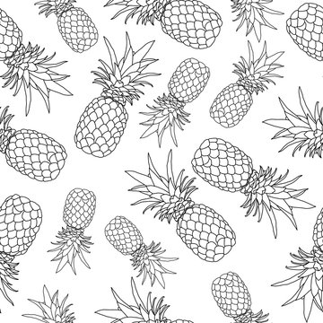 Hand-drawn black line pineapple isolated seamless pattern. 