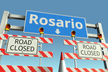 Roadblock near Rosario city road sign. Coronavirus disease quarantine or lockdown in Argentina conceptual 3D rendering