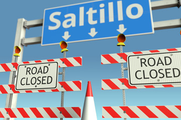 Barriers at Saltillo city traffic sign. Lockdown in Mexico conceptual 3D rendering