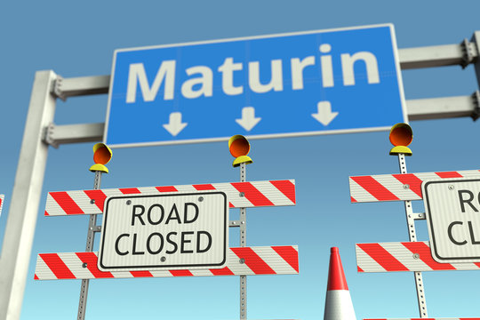 Roadblock near Maturin city road sign. Quarantine or lockdown in Venezuela conceptual 3D rendering