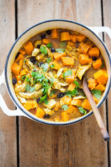Chicken with cumin, turmeric and coriander with sweet potatoes 
