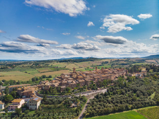 Fototapeta na wymiar Historic small town in italy, beautiful old buildings, shot by a drone.