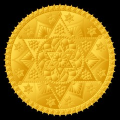 Luxurious gold medallion with relief mandala. Round vector design.