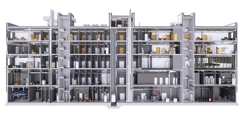 Section view of the interior room space of building without a front facade wall