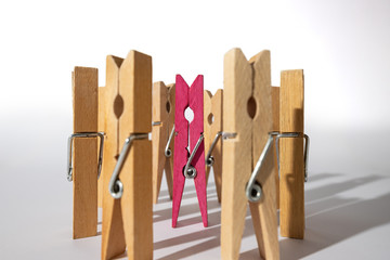 Clothespins simulating a single woman surrounded by people.