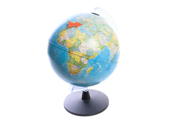Red arrow with Covid-19 stop on the Earth globe pointing to the Europe, Italy