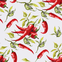 Seamless watercolor red hot chili peppers background pattern. Hand drawing chilli