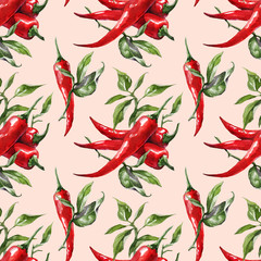 Seamless watercolor red hot chili peppers background pattern. Hand drawing chilli - obrazy, fototapety, plakaty