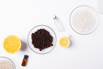 Flat lay composition natural beauty products for making homemade body scrub
