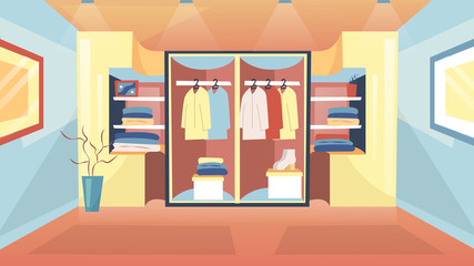 Concept Of Fashion Wardrobe. Home Modern Wardrobe With Clothes For Man And Woman With Beautiful Lighting. Neatly Folded Different Clothes In Home Cupboard. Cartoon Flat Style. Vector Illustration