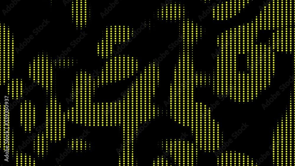 Poster Abstract motion yellow dots halftone wavy flowing pattern at flat black background. 3d render loop animation