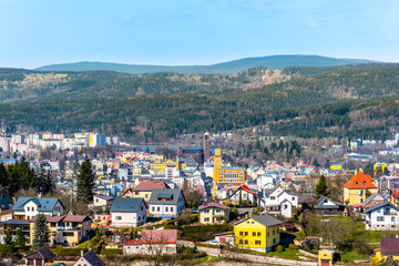 Jablonec nad Nisou - view of city centre with modern town hall and church. Czech Republic