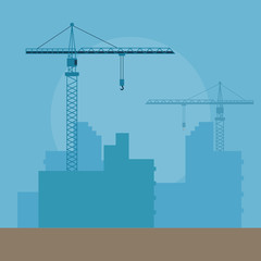 Concept Of Construction. Big Tower Cranes With Silhouettes Of Skyscrapers, Residential Buildings In Process Of Construction. Industrial Modern Business Technology. Cartoon Flat Vector Illustration