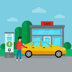 Modern Electric Car Charging at Charger Station With a Young Man holding The Cable. Modern Filling Station Exterior With Fashion Cafe. Electromobility E-motion. Cartoon Flat Style Vector Illustration