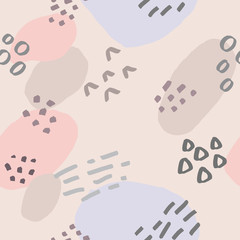 Abstract vector seamless pattern. Dots, lines, triangles cartoon background. Doodle hand drawn elements sketch. 