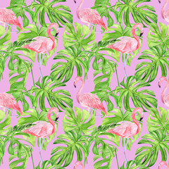 Watercolor illustration seamless pattern of tropical leaves and pink flamingo. Perfect as background texture, wrapping paper, textile or wallpaper design. Hand drawn