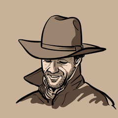 Man with cowboy hat and shirt and slicker. 