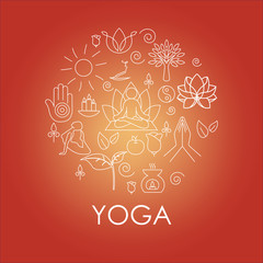 Set of hand drawn yoga and wellness line icons. Elements in outline style for spa center or yoga studio