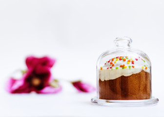 Easter cake. The great desert. The celebration of spring. Tasty, candy dish. Dish with flower.