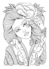 JPEG hand drawn romantic young woman apply makeup, paints a ruddy, powdery face with a brush. Spring lady with a large flower in developing hair. Attractive fashion model Patterned coloring page A4