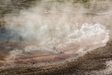 Early Morning Reflections In Chromatic Pool, Upper Geyser Basin, Yellowstone National Park, Wyoming, USA