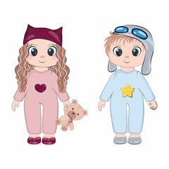 Boy and girl with toys on a white background. Children's cartoon illustration. Children's toys, stickers, clothing design, interior, book, album