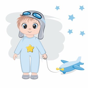 A boy with big eyes and a toy airplane. Children's illustration of a beautiful child on a white background. Children's book, photo album, children's clothing, fabric print, tailoring, stationery, toys