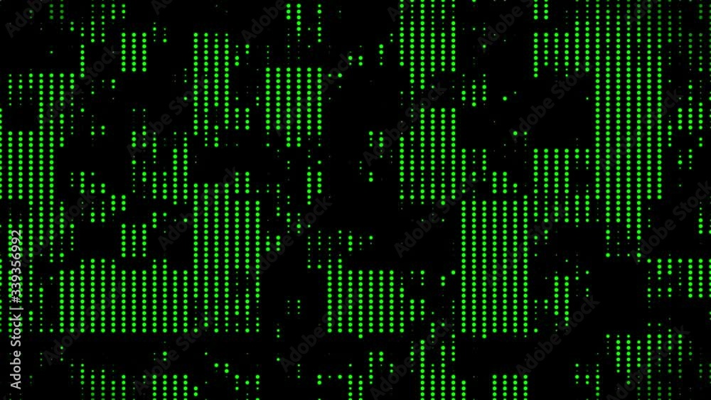 Poster Abstract motion green dots halftone pattern at flat black background. 3d render loop animation